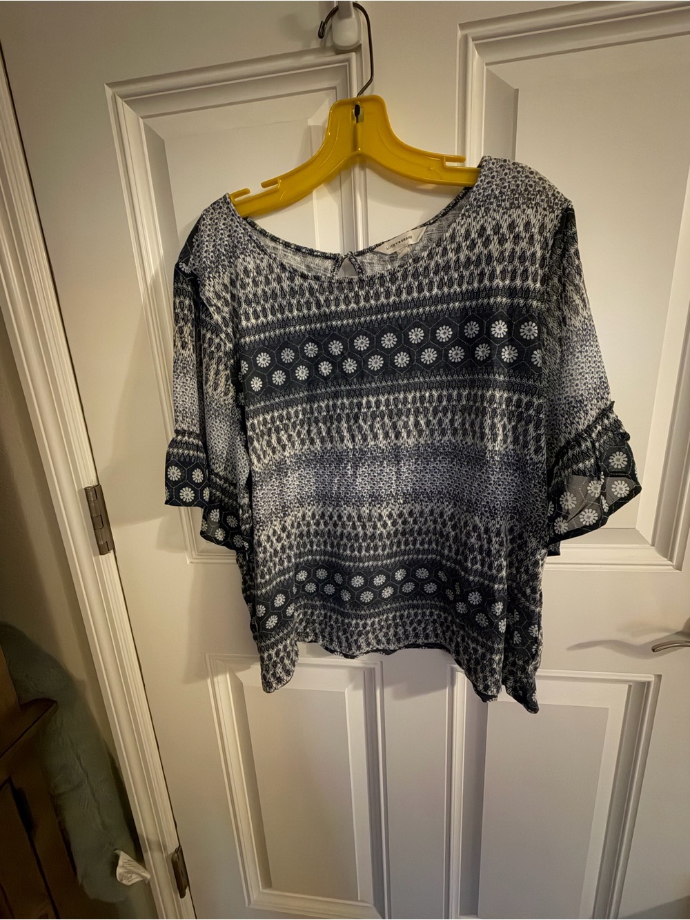 Lucky Brand Navy and White Patterned Ruffle-Sleeve Blouse